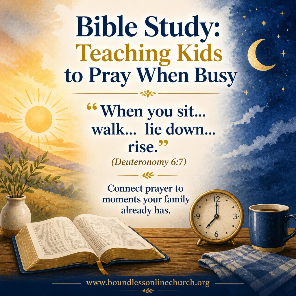 An open Bible, clock, sunrise, and evening symbols representing prayer woven into daily family rhythms