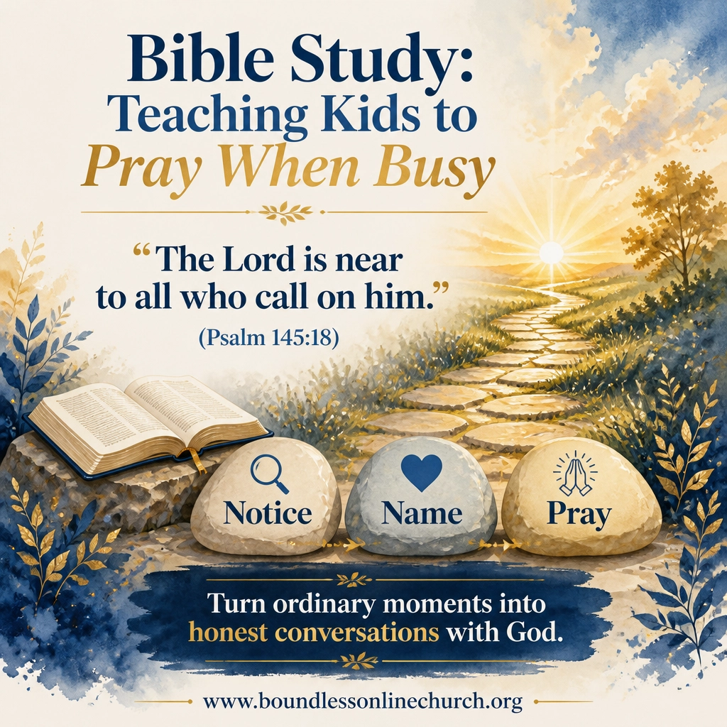A peaceful watercolor path with an open Bible and three stones labeled Notice, Name, and Pray