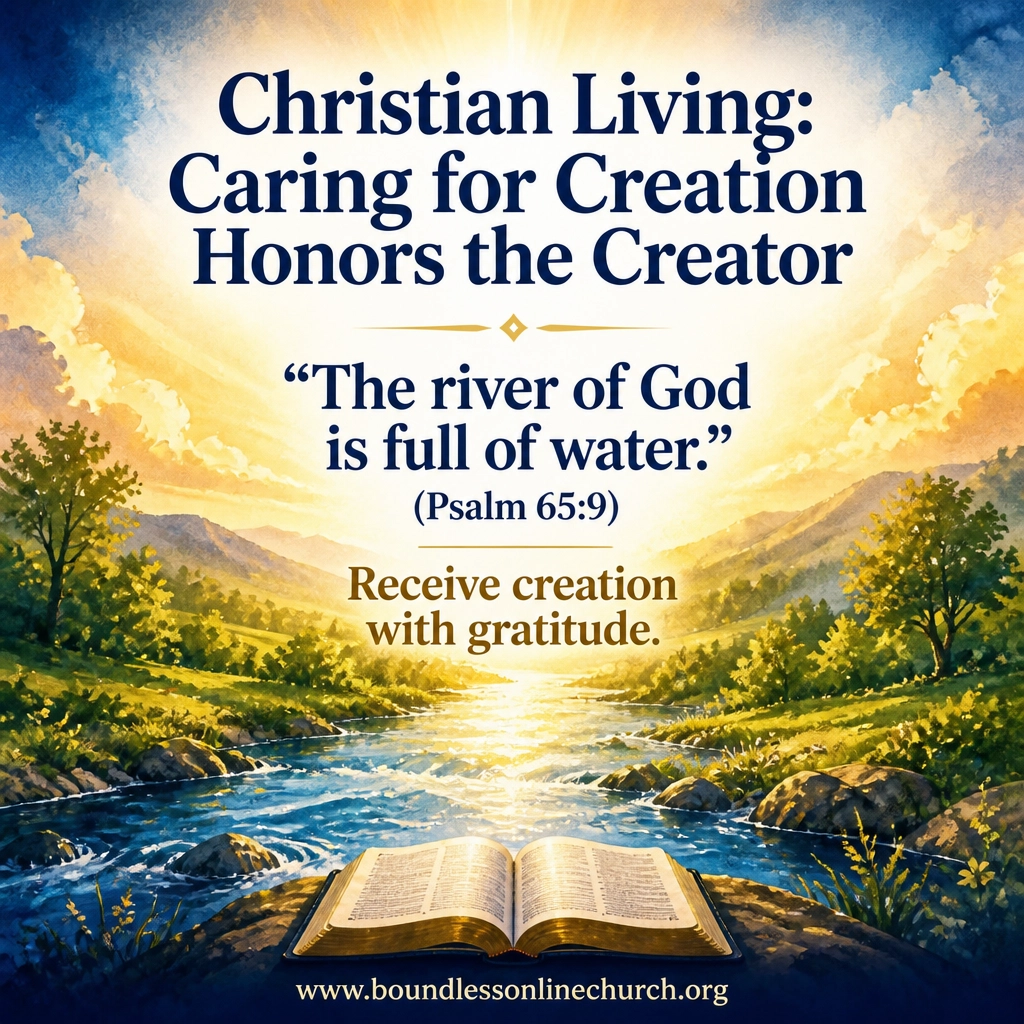 A radiant river flowing through green land beneath a warm sunrise, with an open Bible in the foreground and a Scripture about God’s provision