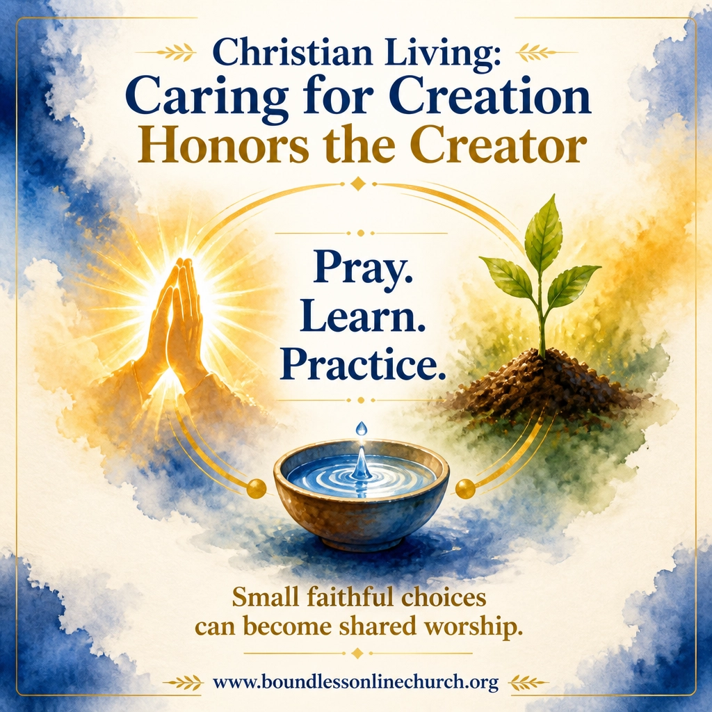 A clean watercolor discipleship graphic showing prayer, a seedling, and shared water with the words “Pray. Learn. Practice.”