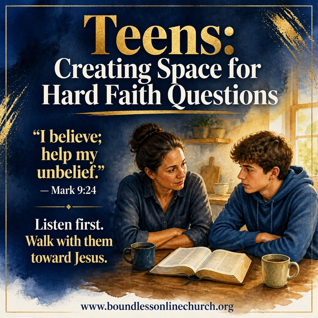 An open Bible and notebook with the words Listen, Ask, Explore in a calm watercolor composition