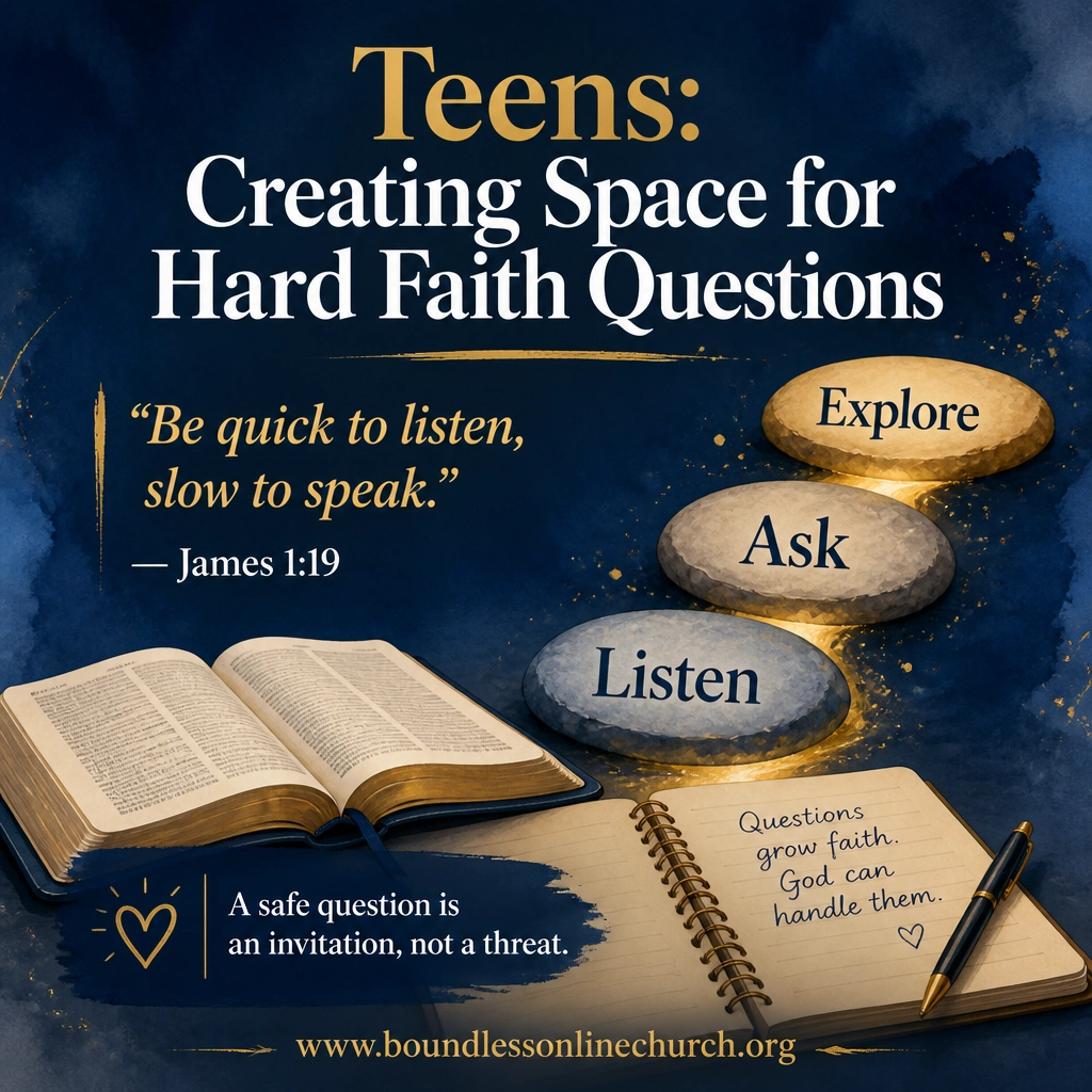 A peaceful path of light leading from a question in a journal toward the Gospel of Mark