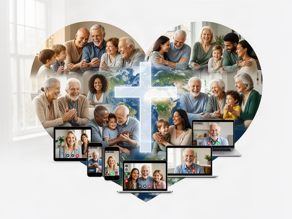 A worldwide Boundless church family smiling, praying, and connecting through phones, tablets, and video calls around a globe, heart, and cross.